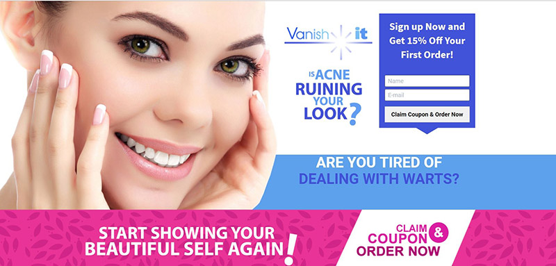 Landing Page vs Website. Landing page example from Vanishitforever.com